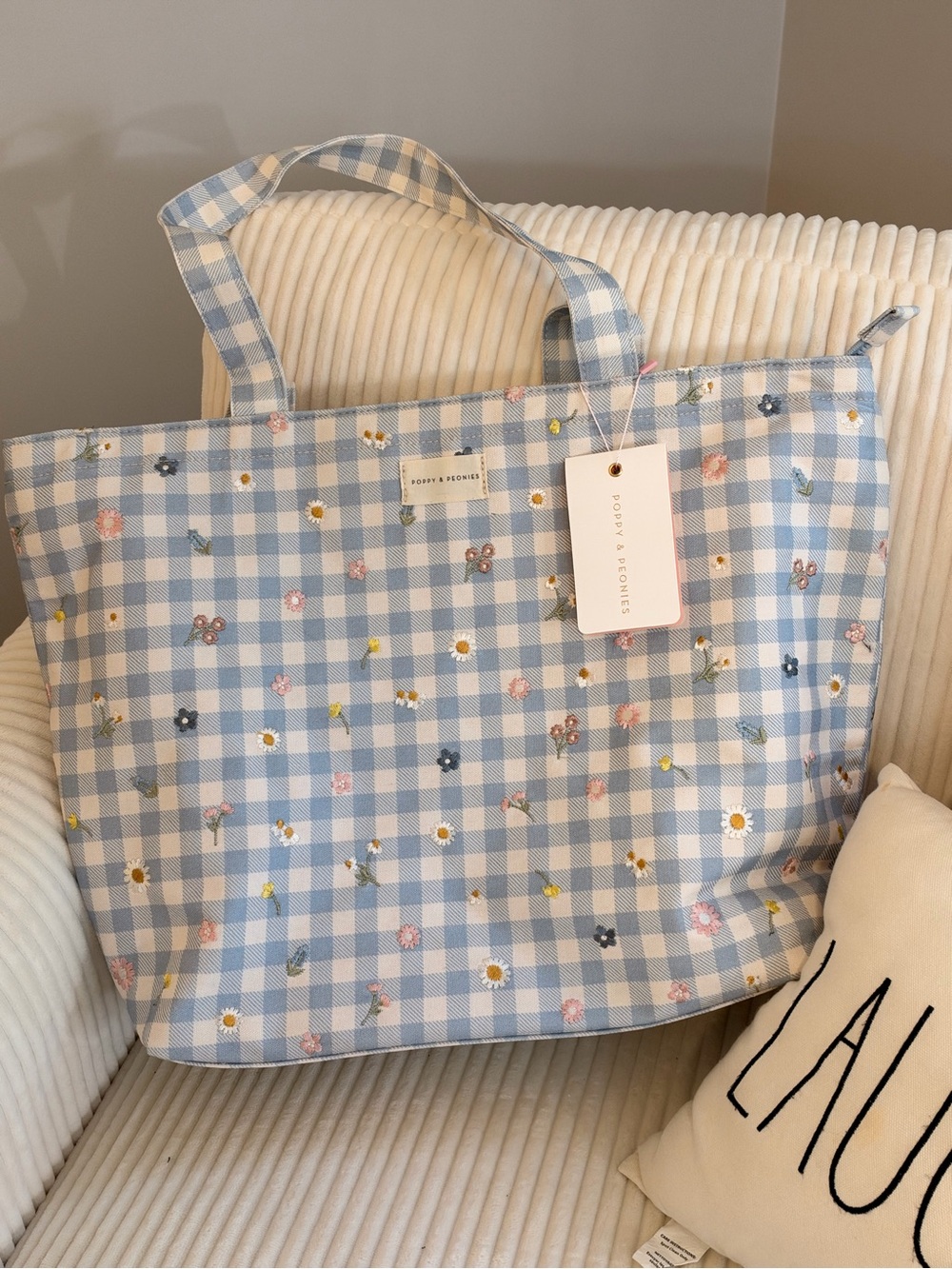 NWT Poppy & Peonies Light Blue Gingham Floral Tote Bag by